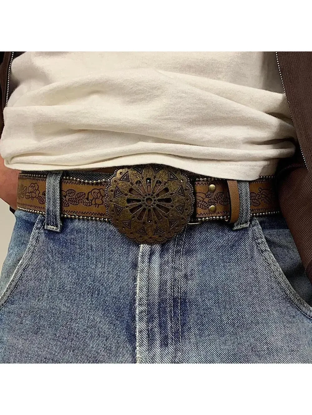 Y2k style American Western Belt Buckle vintage style floral gold beaded boho - Picture 4 of 8